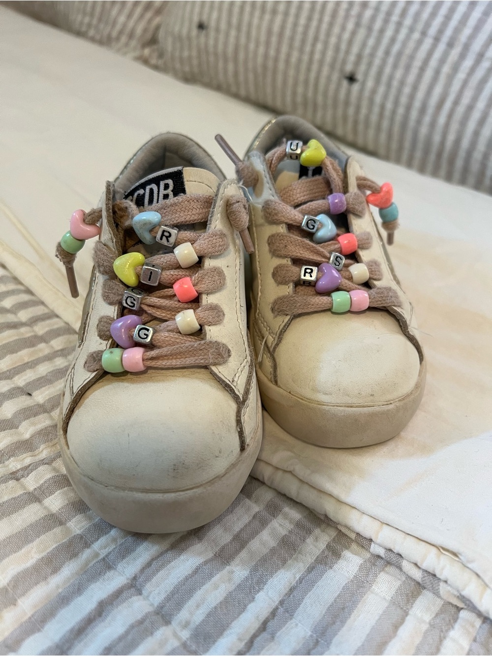 Kids Gold and White Sneakers with Pastel Bead Laces